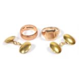 A 9 carat gold signet ring, finger size Q; a 9 carat gold band ring, finger size Q; and pair of 18