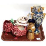 A tray of collectable ceramics including a pair of Royal Worcester vases, (one cover a.f.); Spode