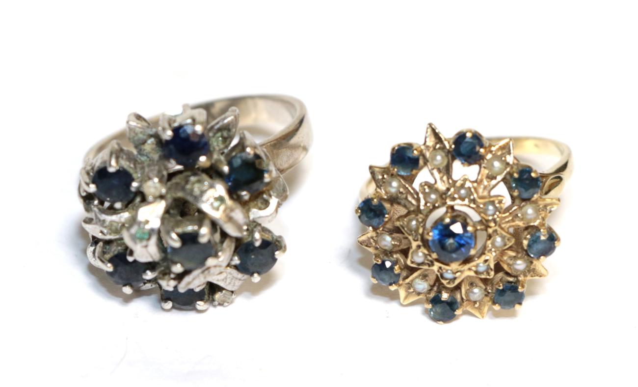 A sapphire cluster ring, stamped '18K', finger size R1/2; and a sapphire and seed pearl ring, finger