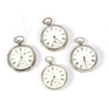 Four silver open faced pocket watches, signed Owen & Robinson Ltd, Leeds, J W Benson, London,
