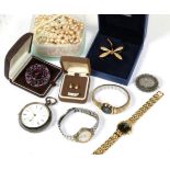 A quantity of jewellery to include simulated and cultured pearls; a silver pocket watch; a Victorian