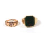A 9 carat gold bloodstone signet ring, finger size T1/2; and two 9 carat gold rings, finger size