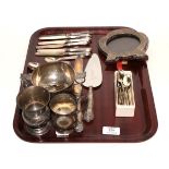 Tray including silver photograph frame, silver tea spoons, silver hinged box inscribed 'James Little