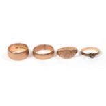 Two 9 carat gold band rings, finger sizes P and Q1/2; a 9 carat gold signet ring, finger size N1/