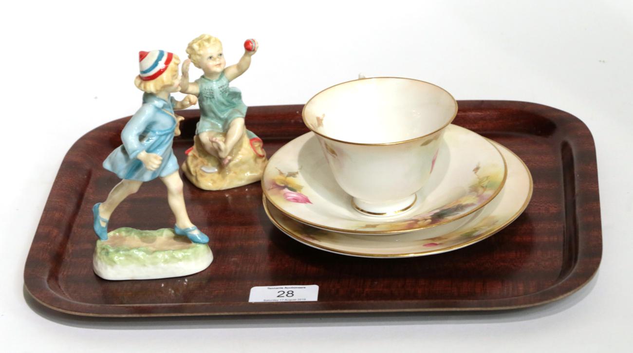 Two Royal Worcester china figures, after F.G Doughty; and a Royal Worcester China trio, painted with