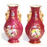 A pair of late 19th century English porcelain vases, twin dragon handles, floral painted, footed