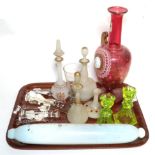 A tray of 19th century glass including sugar crushers, rolling pin, twin handled cameo mounted