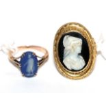 A Victorian gold & Etruscan cameo ring, unmarked, finger size Q1/2; and another jasper ware cameo