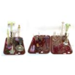 Three trays of various epergne and trumpet vase elements including silver plated bases, clear,