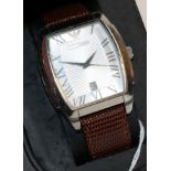 A tonneau shaped stainless steel calendar centre seconds wristwatch, signed Emporio Armani, with