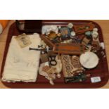 An assortment of 19th/20th century dolls house furniture and other, accessories, two dolls, marble