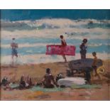 Gordon Radford (1936-2015), ''Beach at Scarborough'', signed, inscribed verso, oil on board, 24cm by