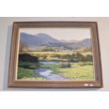 River landscape with farmhouse and hills, oil on canvas, signed Peter Symonds