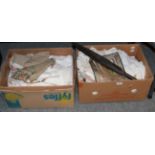 Two boxes of assorted linen, embroidered linen, table cloths, linen hand towels with initials,