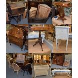 A modern light oak dining table; two mahogany veneered occasional tables; a pair of gilt decorated