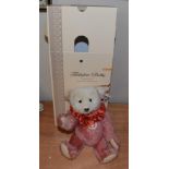 Modern Steiff Teddy Bear Dolly, in dusty pink and white, with red ruffle to the neck, boxed with