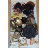 Assorted 19th century and later bead work, sewing accessories, woven purses, needle cases, miniature