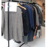 Assorted 1940s and later gents wool and tweed jackets, wool overcoats, macs, trousers etc (one