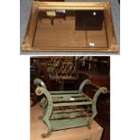 A green painted and floral decorated reproduction Canterbury; an oak and brass magazine rack; and