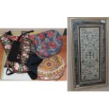 Eastern embroidery, Chinese sleeve panel, two embroidered belts and two caps