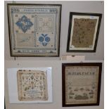 Alphabet sampler worked by Miriam Feare dated 1864, with gun dogs, sailing ships and birds in a