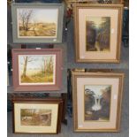 Six watercolours by J C Lund; a pair of river landscapes; two oils on board by M D Shaw;