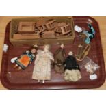 Dolls house items, including a suite of embossed and stitched cardboard furniture, two brass fire