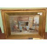 M Shotton, Interior scene beside a fire place, signed, watercolour in a gilt frame, 39cm by 52cm