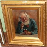 Herbert J Finn, Old man smoking a pipe, signed and indistinctly dated, oil on board, 30cm by 23cm