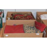 Green silk brocade pelmet, pair of red cotton pelmets with a green floral applique trim and