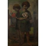Harold Wood (1918-2014), ''Two Girls with Flowers'', signed and dated 1956, oil on canvas, 73.5cm by