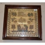 Early 19th century Adam and Eve sampler worked on cream silk by Mary Axon dated 1827, with verse