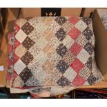Large 19th century patchwork quilt decorated with mainly diamond patches in printed cottons, cream