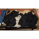 Black lace shawl, cream lace flounces (a.f.), collars and other items (one box)