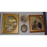 Framed wool work 'Return to Egypt' in Victorian frame; a small silk work of a young girl and lamb; a
