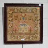 19th century framed Scottish wool work picture, depicting the Manse of Harlaw worked by Margaret