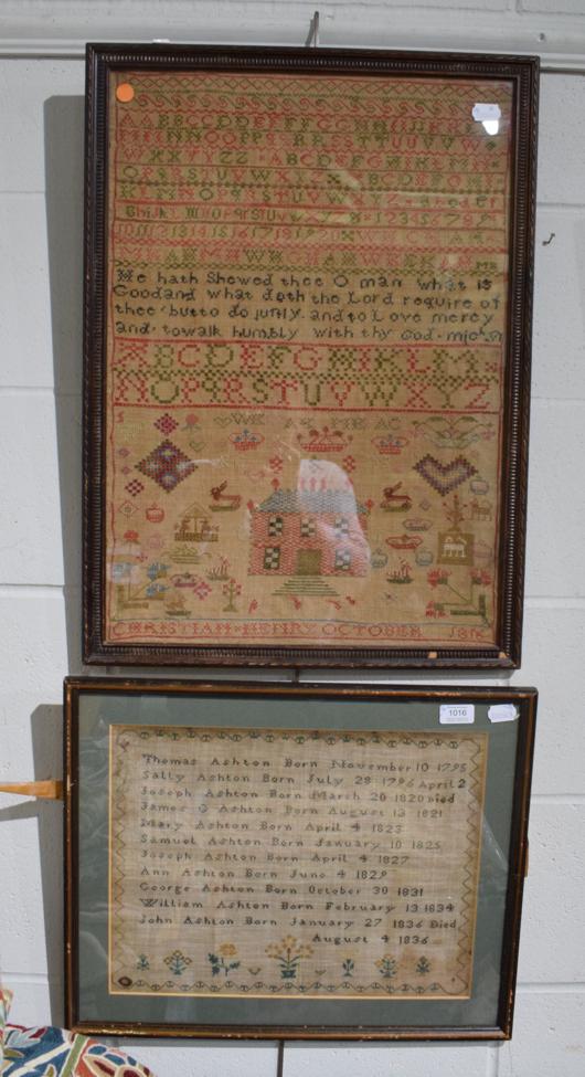 Large alphabet sampler with central verse, worked by Christian Henry, dated October 1816,