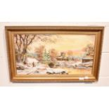 John Corcoran (20th century) Village snowscape, signed, oil on canvas, 34cm by 65cm