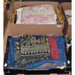 Assorted textiles including two art nouveau style large printed cotton tablecloths, three woven