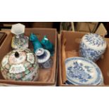 Assorted modern Oriental porcelain including wall plates; vases; cat figures etc (two boxes)
