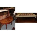A George III oak tilt top tripod table; a demi-lune mahogany side table; a 20th century stool with