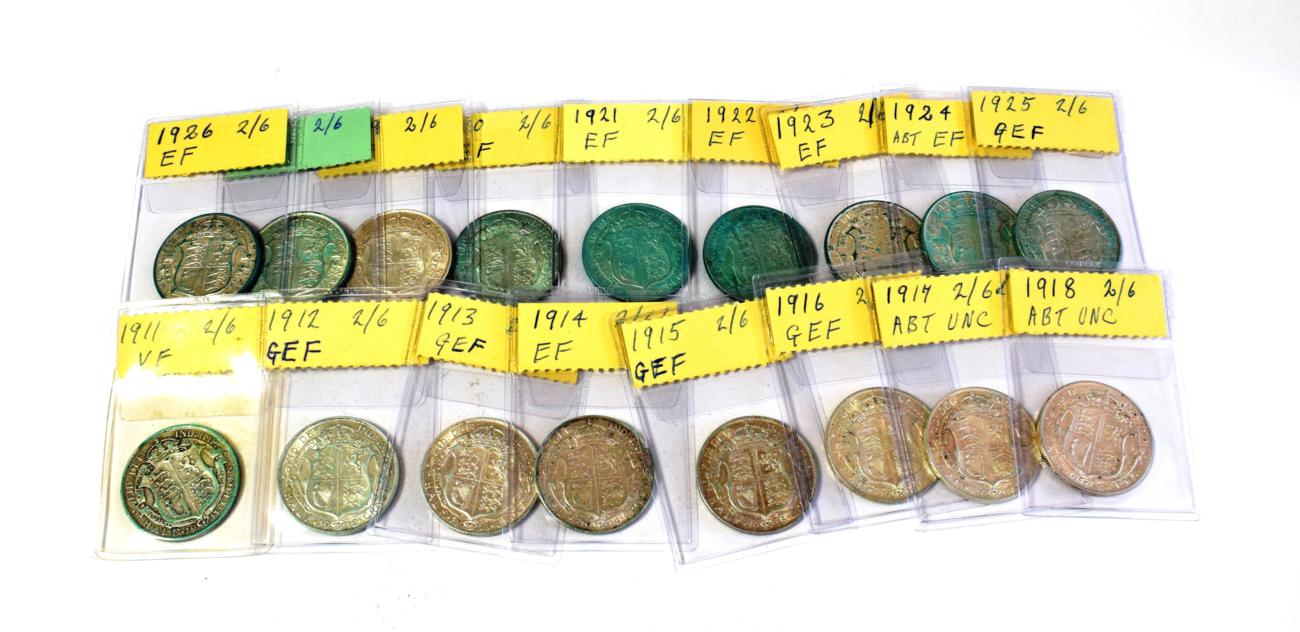 Halfcrowns (17), George V 1911-1927 inclusive. Some with verdigris from storage, in mixed grades