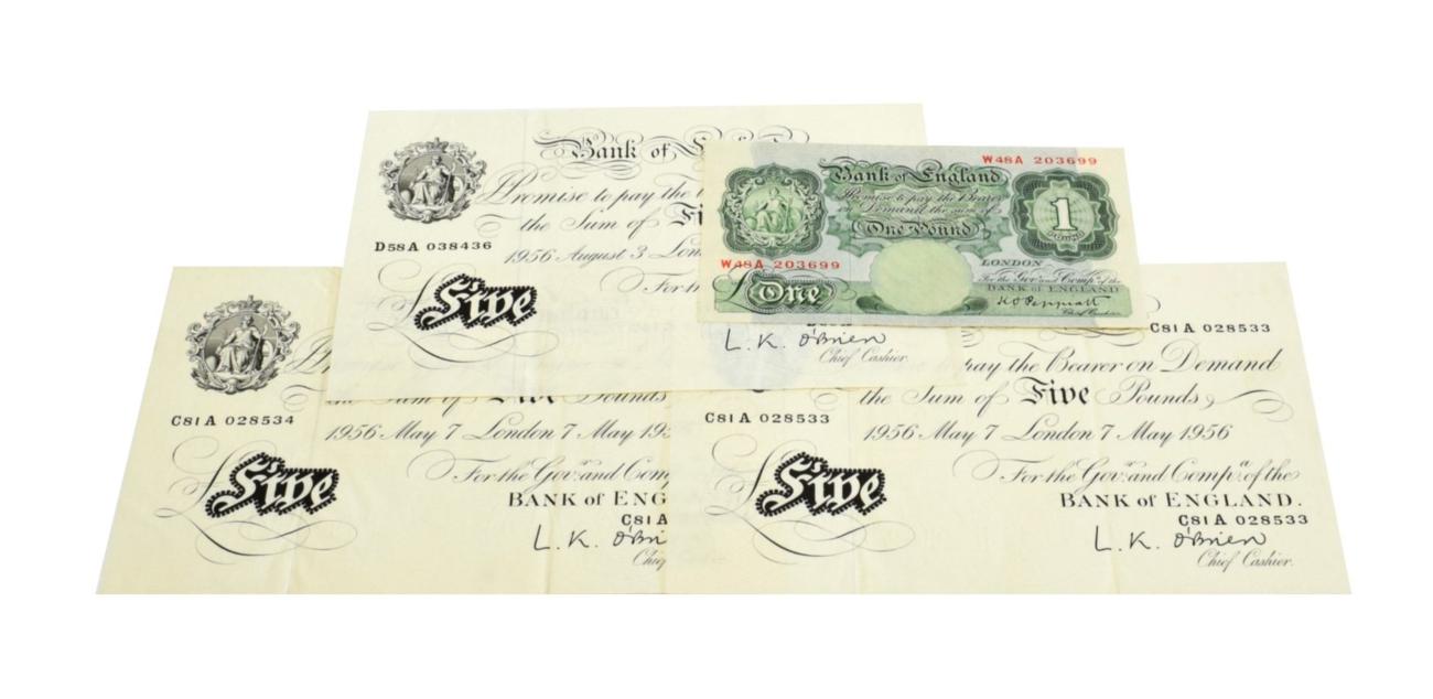 Bank of England, White £5 notes, O'Brien, London (2); 7 May 1956, a consecutive pair, C81A028533 and