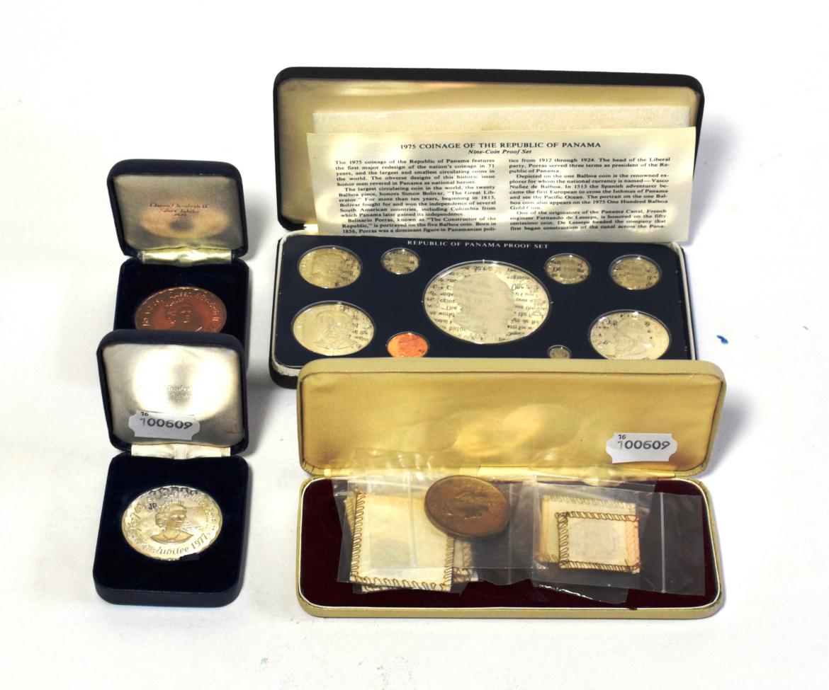 Panama proof set, 1975, a 9-coin set 20 Balboas down to 1 Centesimo, 191g of 0.925 silver; Tonga
