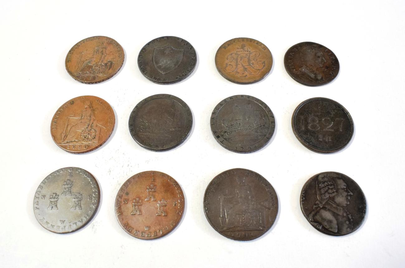 Cheshire Halfpenny Tokens (8), Macclesfield, 1790, bust of Charles Roe, rev. female seated left