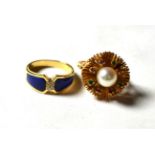 A lapis lazuli and diamond ring, stamped '14K' '585', finger size J; and a cultured pearl, ruby