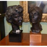 Norman Kidd, a bronzed plaster bust head of a a lady on a wood socle; and another example of a