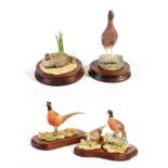 Border Fine Arts 'Cock and Hen Pheasants and Chicks', model No. RB23 by Ray Ayres, on wood base;