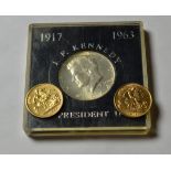 Two gold half sovereigns 1913 and 1895; and a silver coin for J F Kennedy