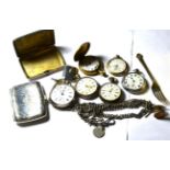 Two silver cased pocket watches; two silver cigarette cases; various other pocket watches; chains